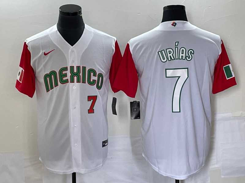 Men%27s Mexico Baseball #7 Julio Urias Number 2023 White Red World Classic Stitched Jersey 35